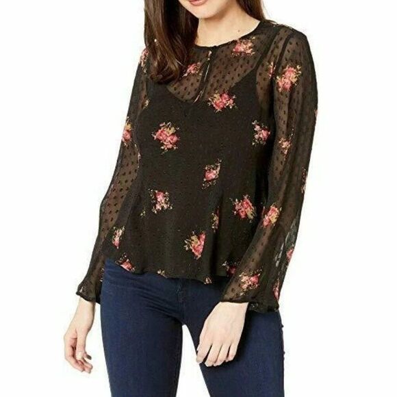 Lucky Brand Boho Floral Print Clip Dot Top Black Pink Size M - Picture 1 of 8